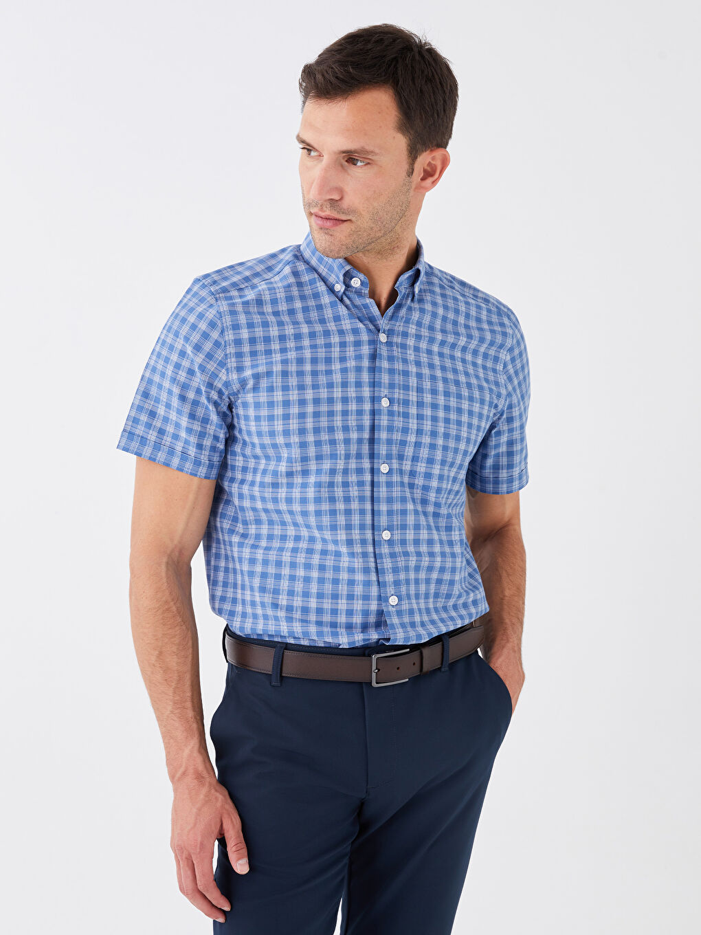 Regular Fit Short Sleeve Plaid Poplin Men's Shirt -S3AA82Z8