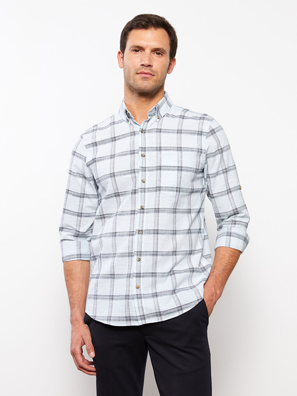 Regular Fit Long Sleeve Plaid Poplin Men's Shirt -S3FD31Z8-LME 