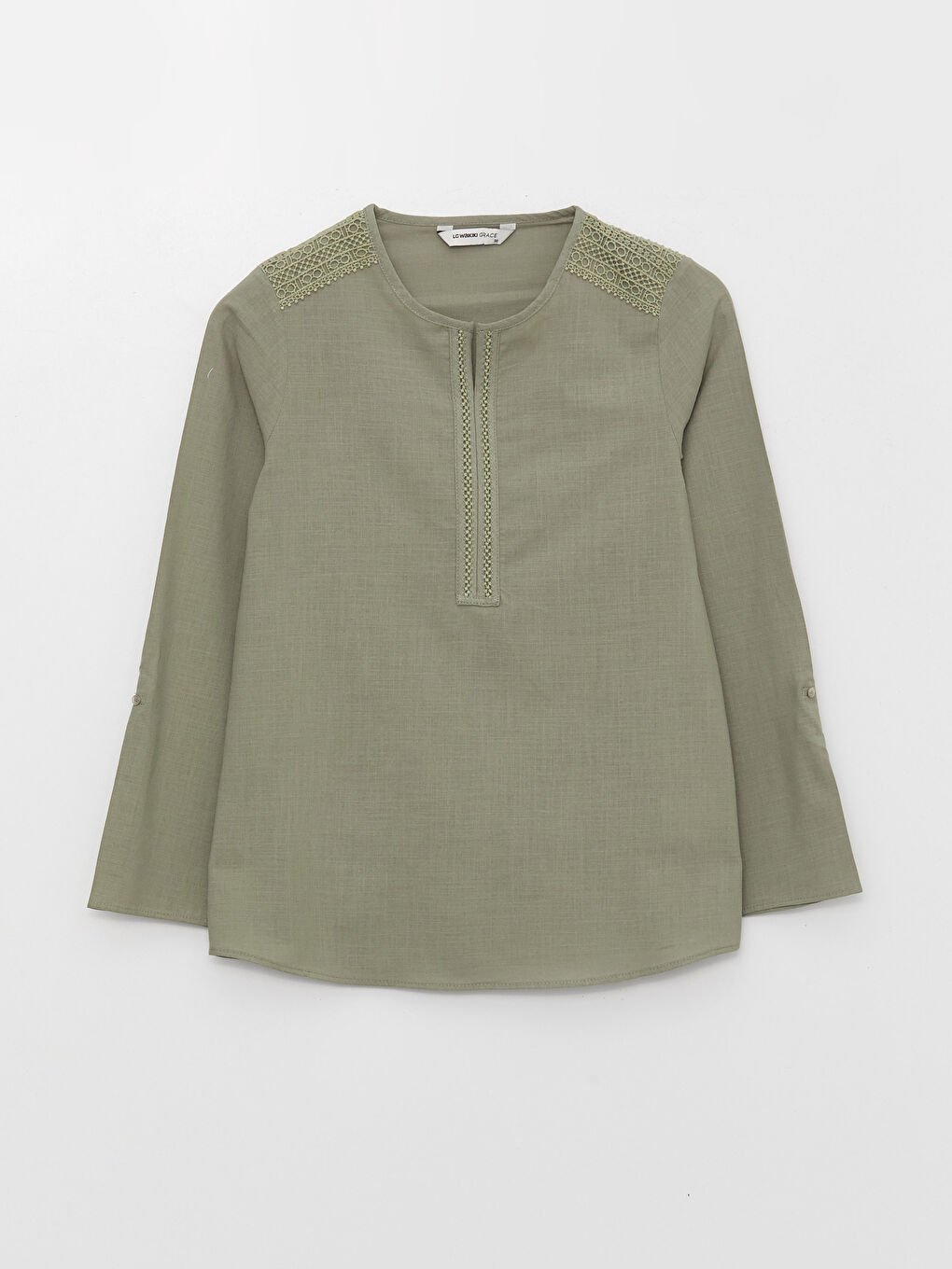 Henley Neckline Lace Detailed Long Sleeve Poplin Women's Blouse