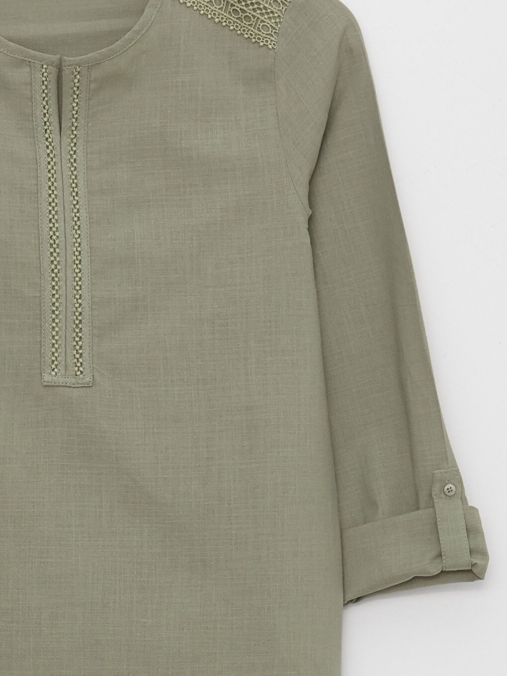 Henley Neckline Lace Detailed Long Sleeve Poplin Women's Blouse