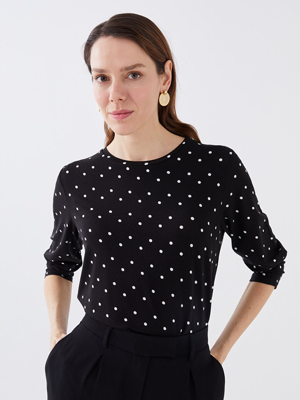 Crew Neck Polka Dot Long Sleeve Women's T-shirt -S3G928Z8