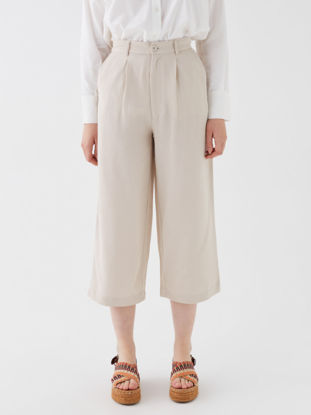 Relaxed Fit Plain Linen Blend Women's Capri Pants -S3H381Z8-FWZ