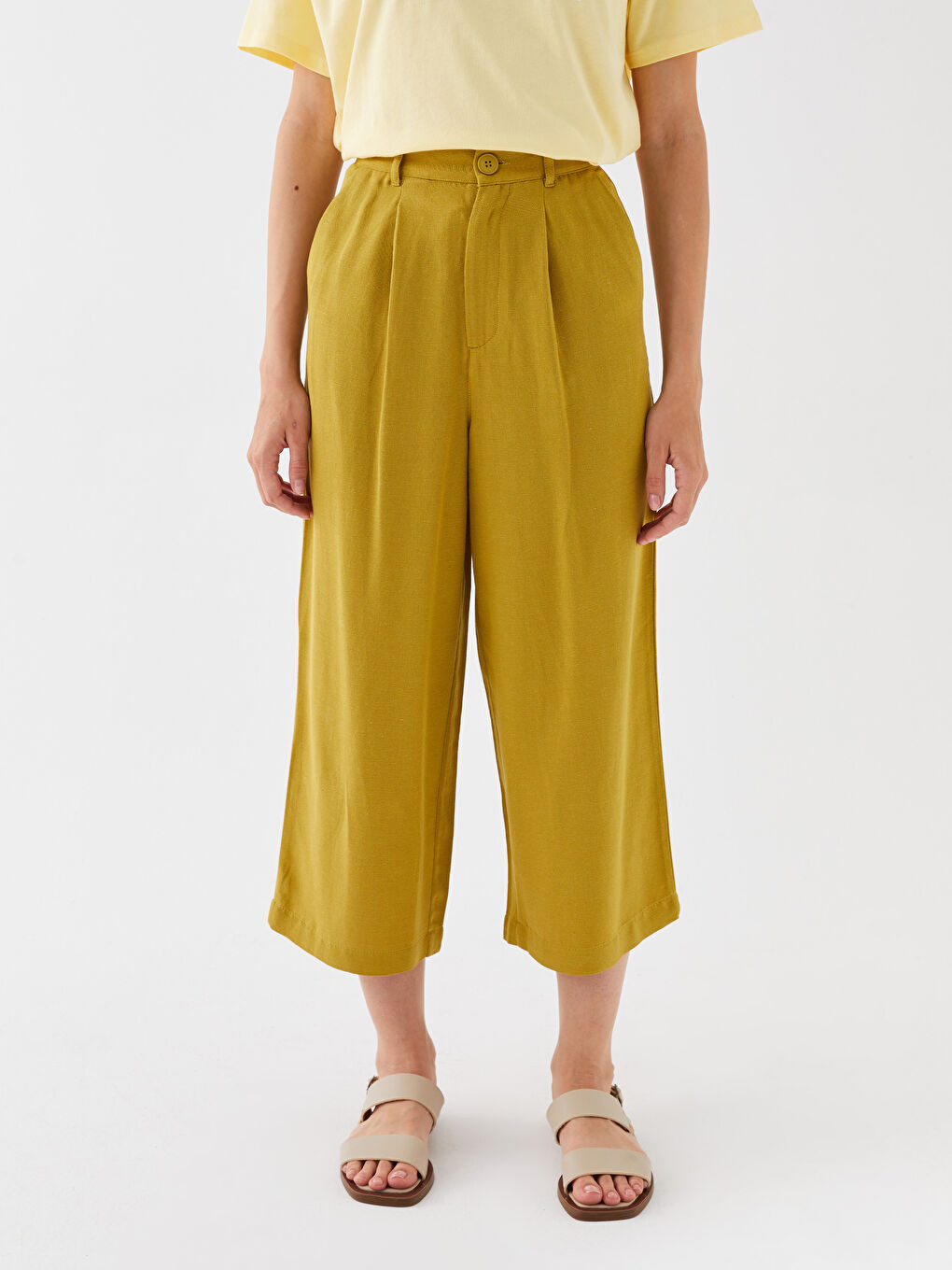 Relaxed Fit Plain Linen Blend Women's Capri Pants -S3H381Z8