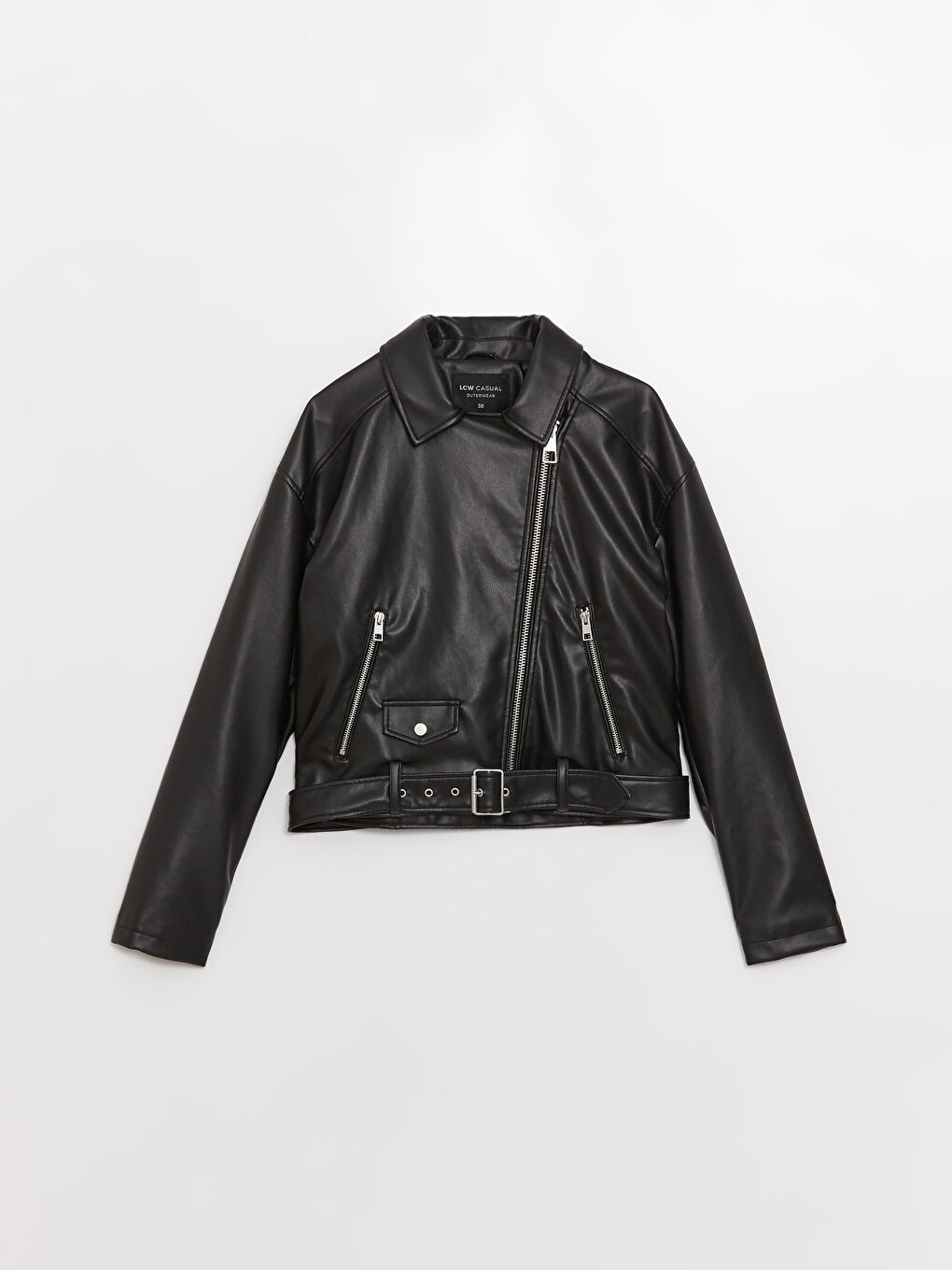 Women s Biker Collar Plain Leather Look Coat W30808Z8 CVL W30808Z8 CVL LC Waikiki