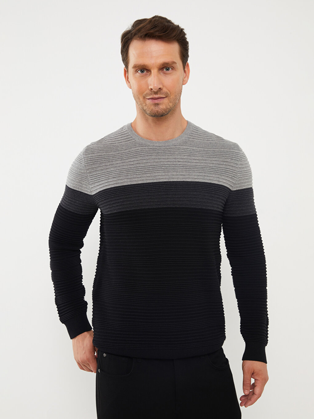 Crew Neck Long Sleeve Men's Tricot Sweater with Color Block -W31110Z8 ...