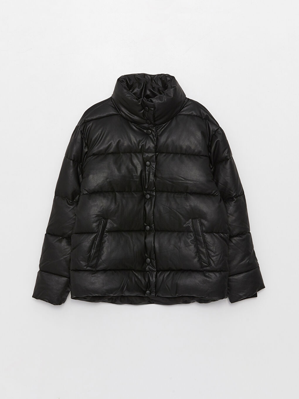 High Collar Plain Leather Look Women s Puffer Coat W31212Z8 CVL
