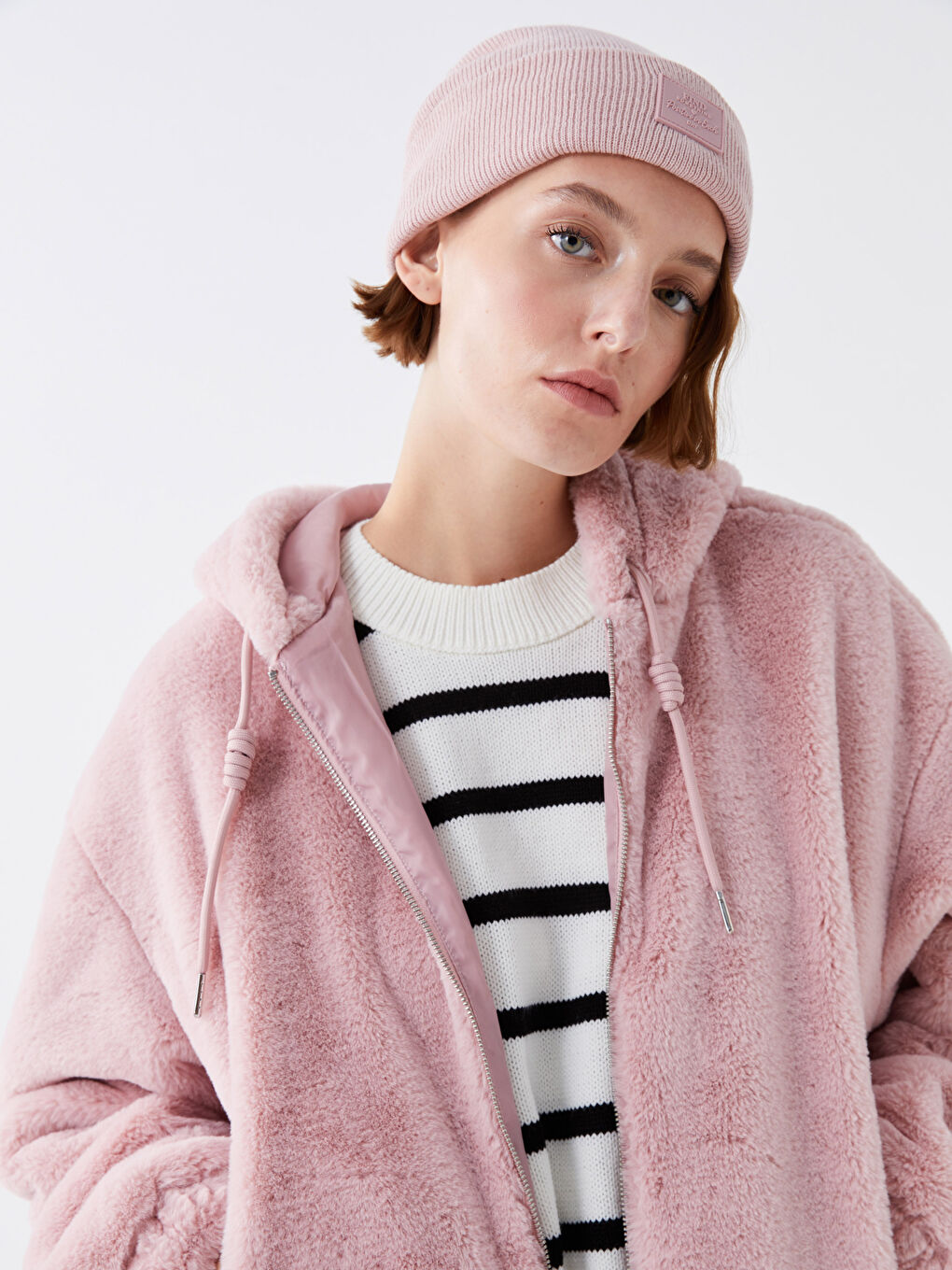 Women's Hooded Plain Plush Coat -W32191Z8-SB5 - W32191Z8-SB5 Women's Hooded Plain Plush Coat -W32191Z8-SB5 - W32191Z8-SB5