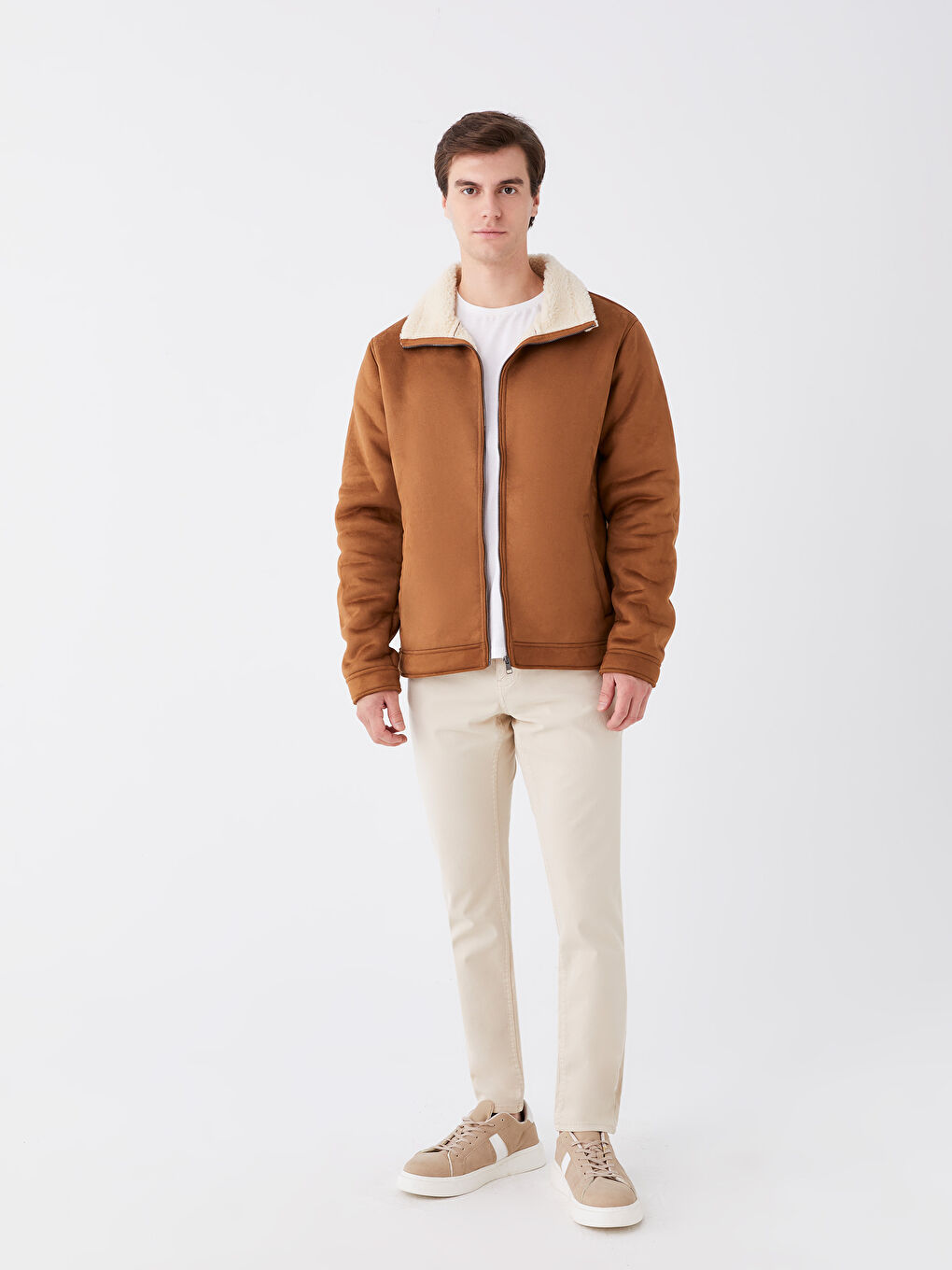 Regular Fit Funnel Neck Men's Suede Coat -W36610Z8-JJL