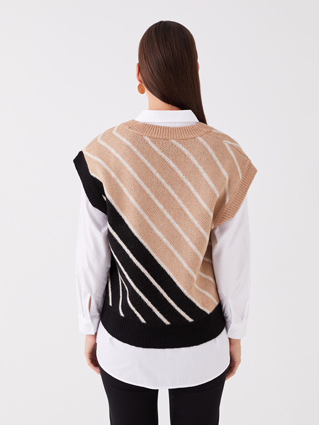 LC WAIKIKI V-Neck Color Blocked Oversize Women's Knitwear Sweater