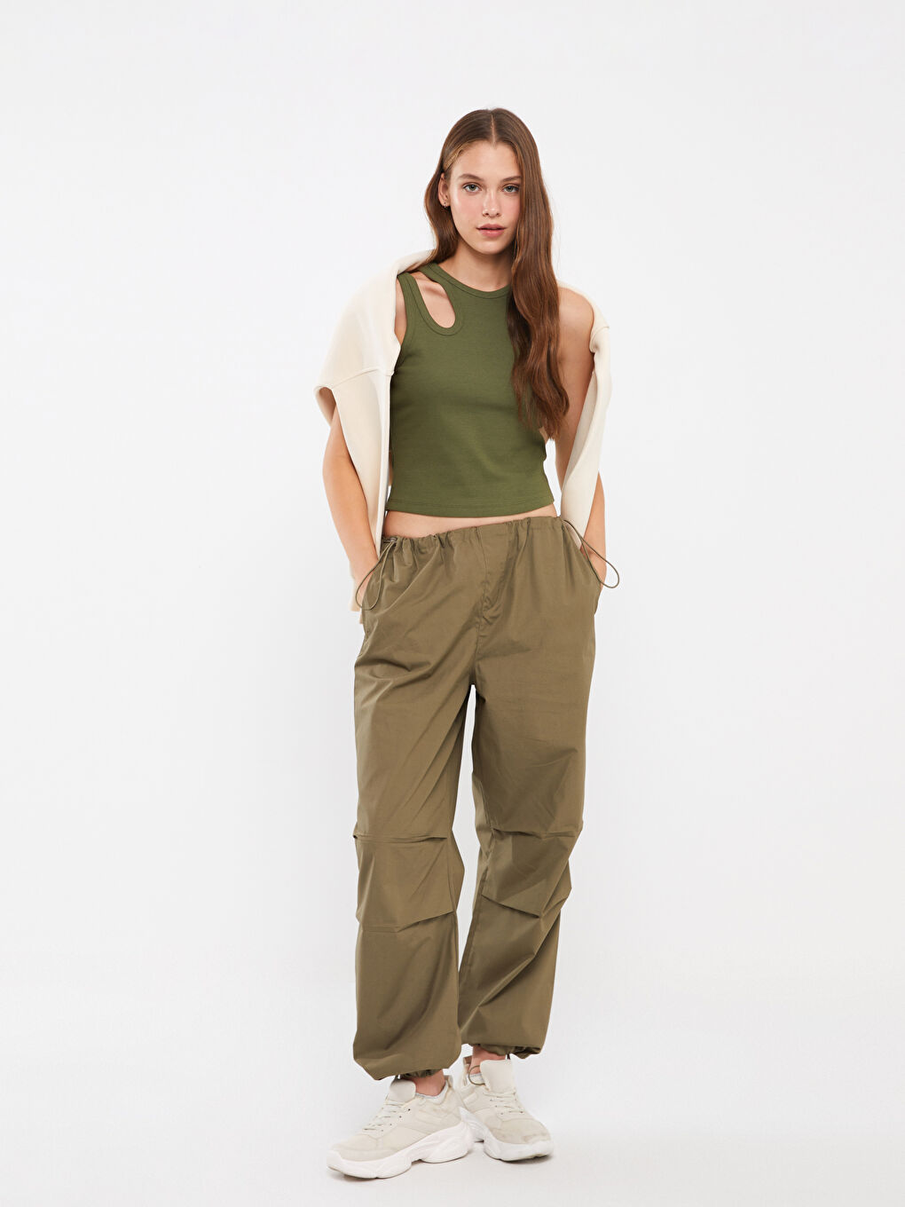 Women s Elastic Waist Straight Parachute Trousers W3H974Z8 JNN