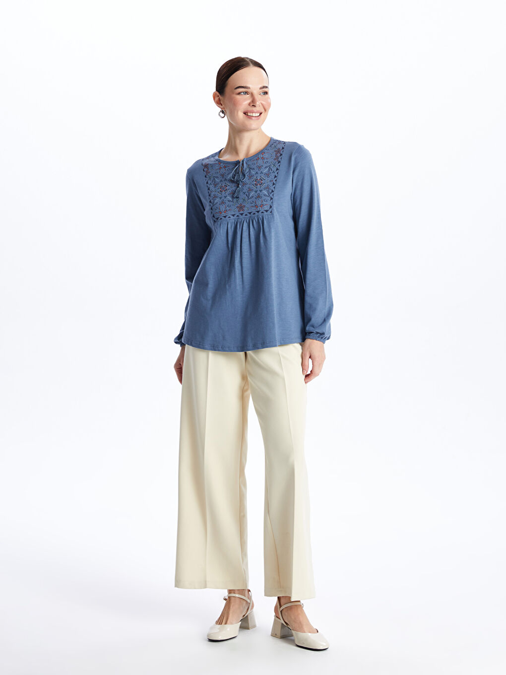 Tie Neck Flower Long Sleeve Women's Blouse -W3IU91Z8-H8X - W3IU91Z8-H8X -  LC Waikiki