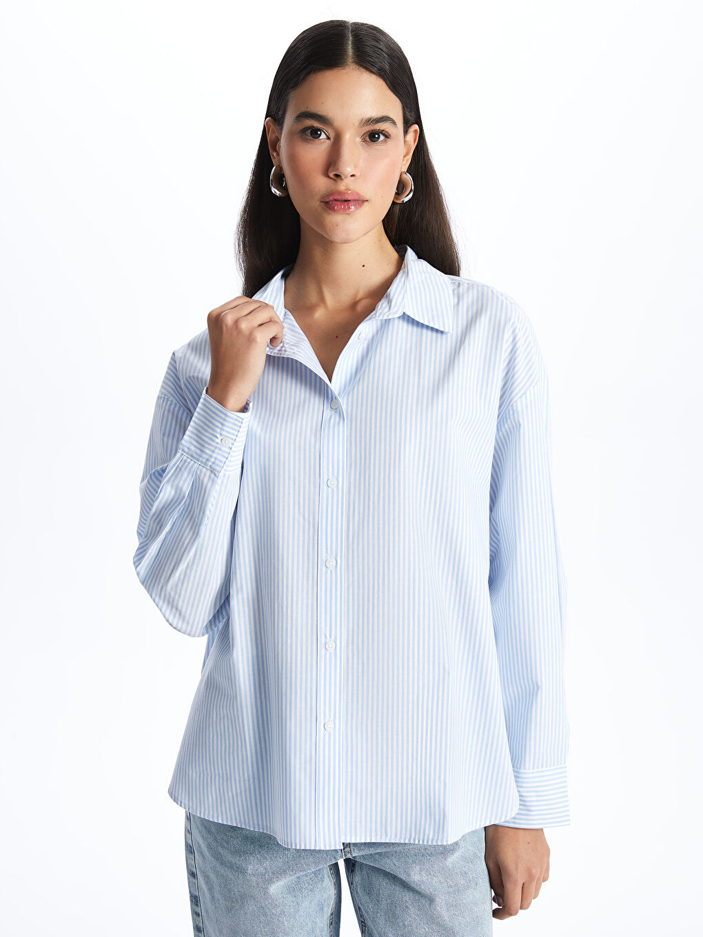 Striped Oversize Poplin Women's Shirt -W3JO74Z8-LEN