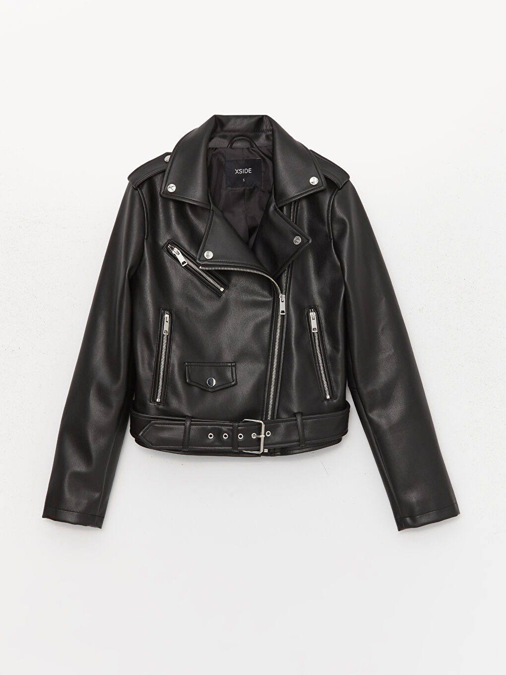 Women s Biker Collar Plain Leather Look Coat S40986Z8 CVL S40986Z8 CVL LC Waikiki