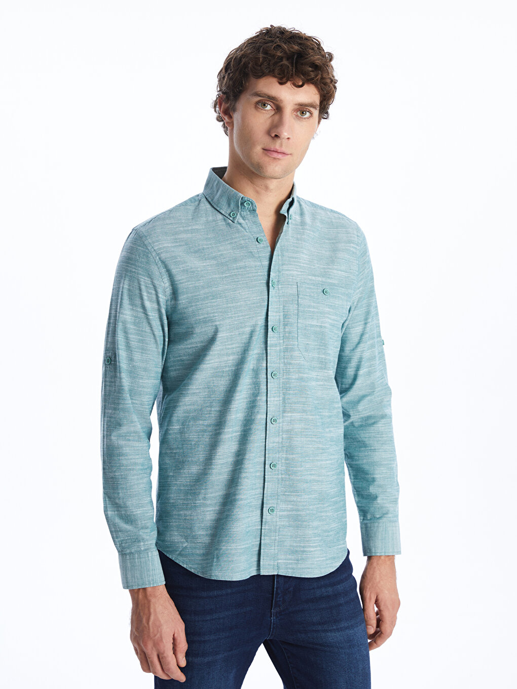 Front Button Closure Straight Long Sleeve Men's Shirt -S41947Z8