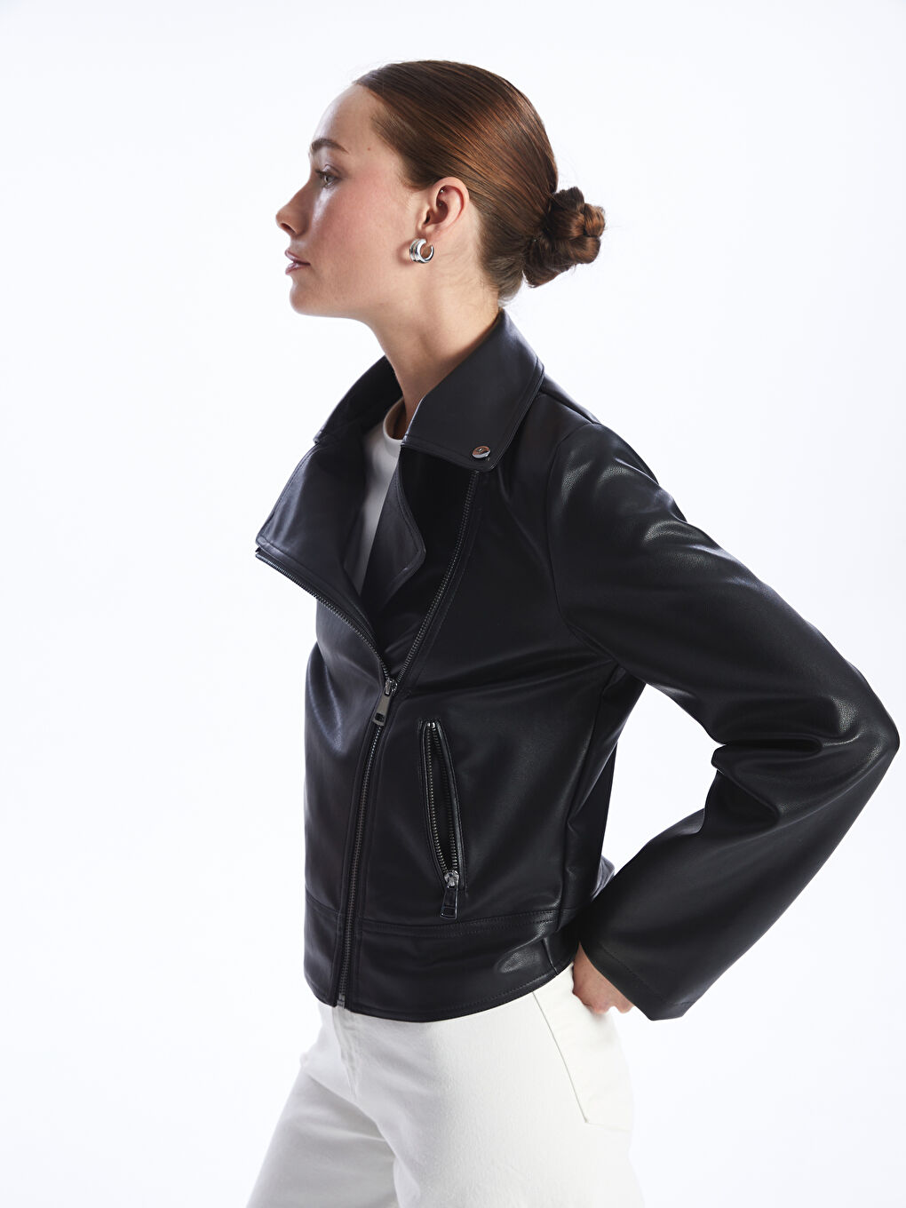 LC WAIKIKI Women's Biker Neck Plain Faux Leather Jacket -S45516Z8