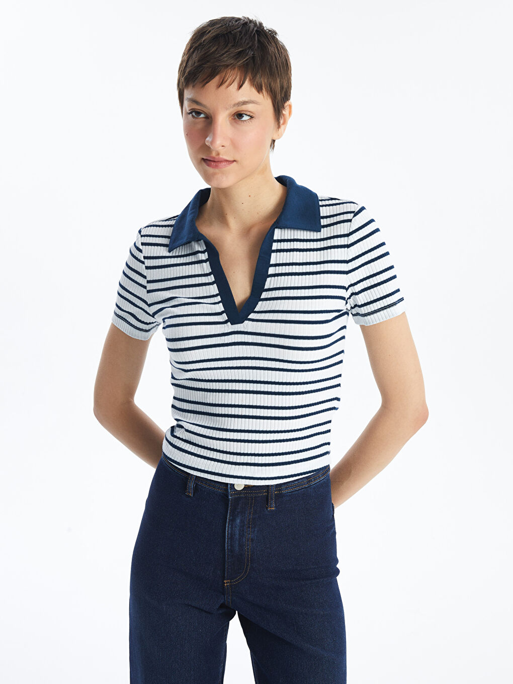 Polo Neck Striped Short Sleeve Women s Crop S46639Z8 LGS S46639Z8 LGS LC Waikiki