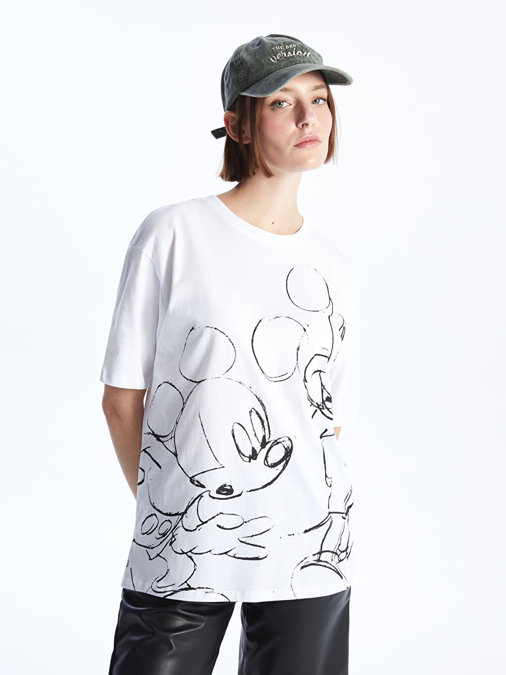 Crew Neck Mickey Mouse Printed Short Sleeve Oversize Women's