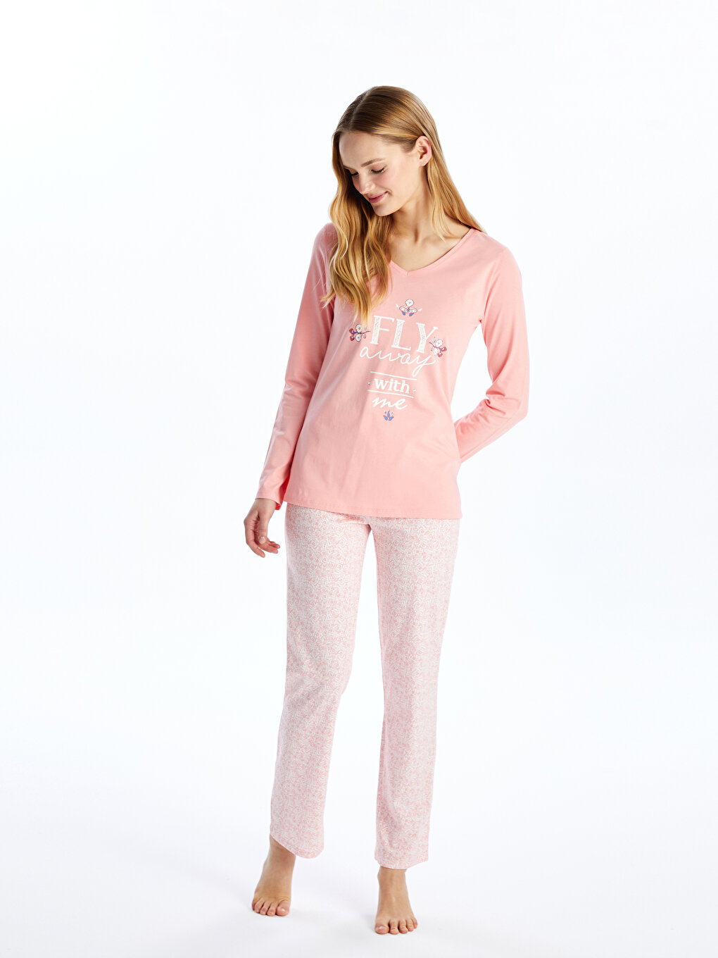 Crew Neck Printed Long Sleeve Women's Pajama Set -S49079Z8-LT4 