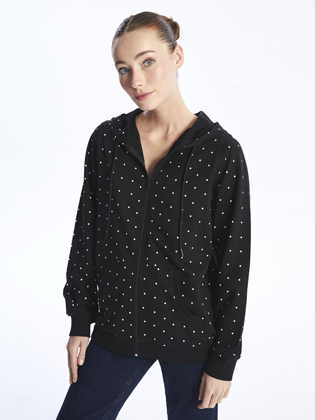 Hooded Polka Dot Long Sleeve Women s Zipper Sweatshirt S4AE20Z8 LQJ S4AE20Z8 LQJ LC Waikiki