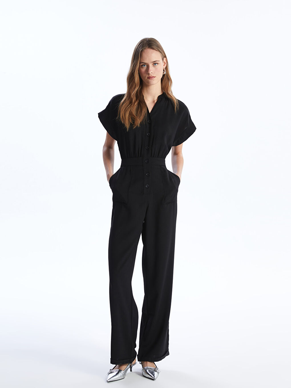 Women's short sleeve black jumpsuit on sale