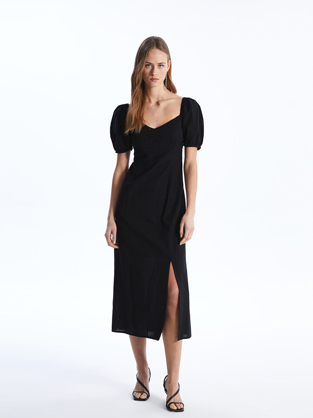 LC WAIKIKI Heart Collar Plain Short Sleeve Linen Blend Women's Dress  -S4EB96Z8-CVL S4EB96Z8-CVL LC Waikiki