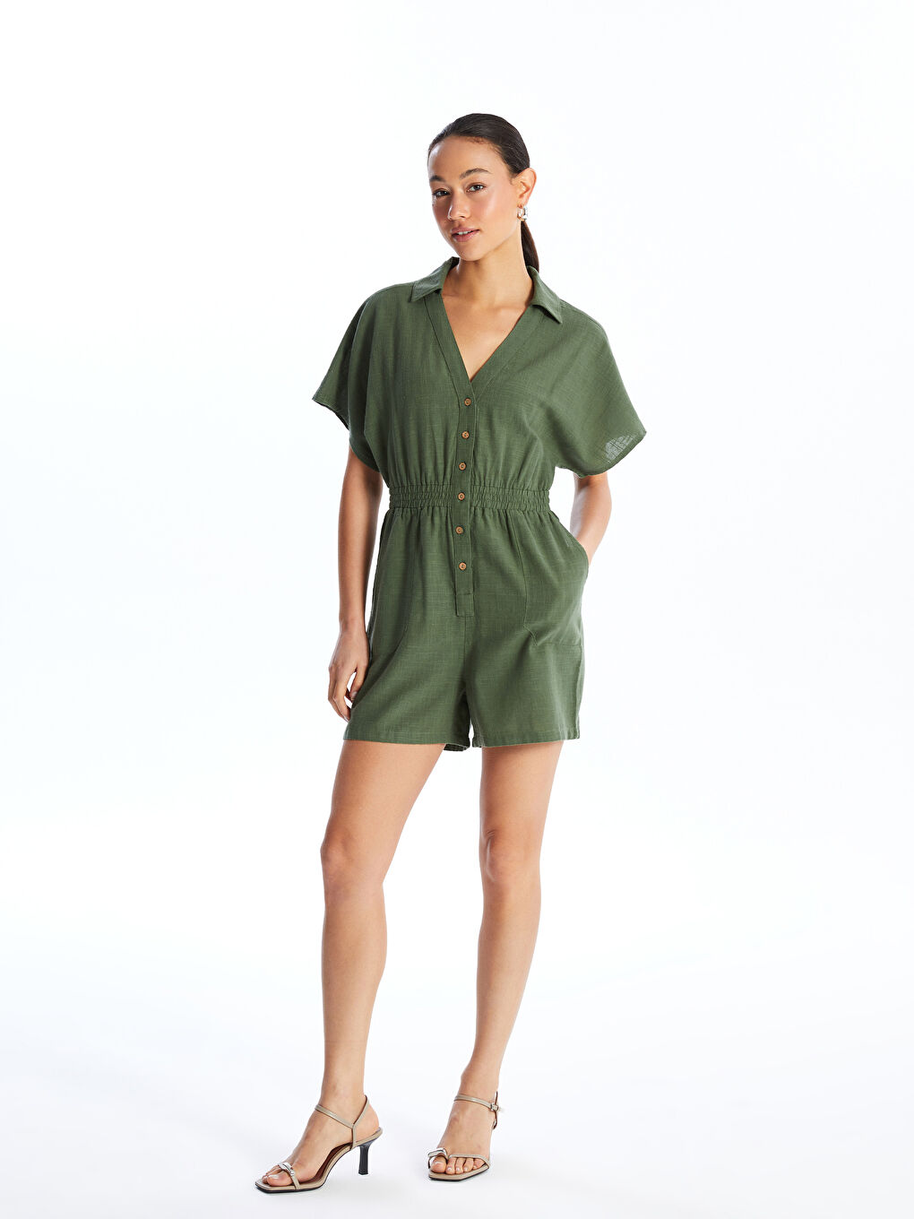 Shirt Collar Plain Short Sleeve Linen Look Women s Jumpsuit S4ES40Z8 H70 S4ES40Z8 H70 LC Waikiki