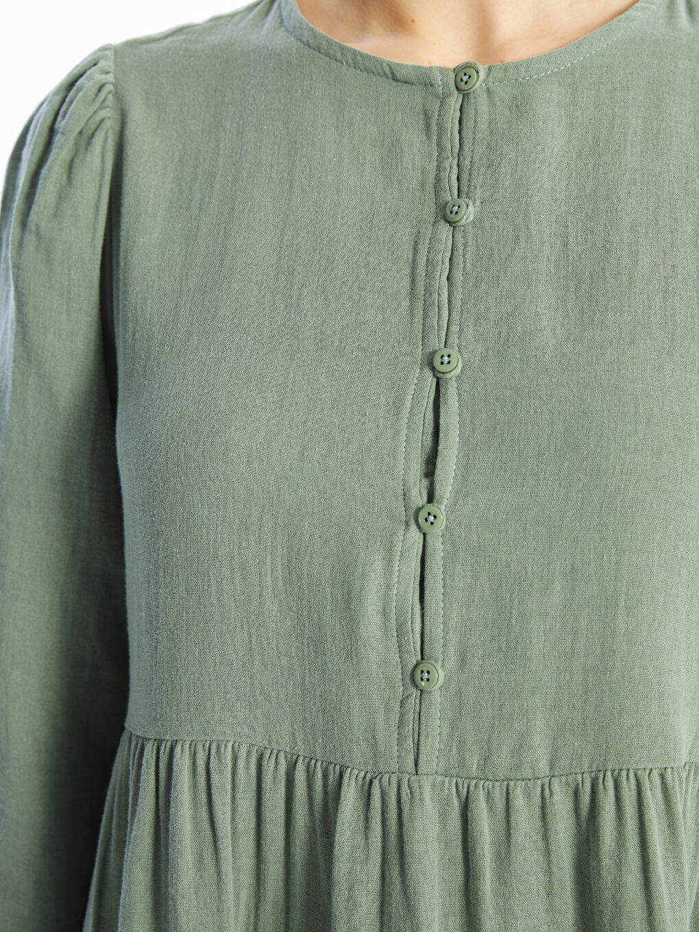 LC WAIKIKI Сукня Жіноча Муслінова Однотонна з Довгими Рукавами та Круглим Вирізом Горловини -S4EY07Z8-V9V