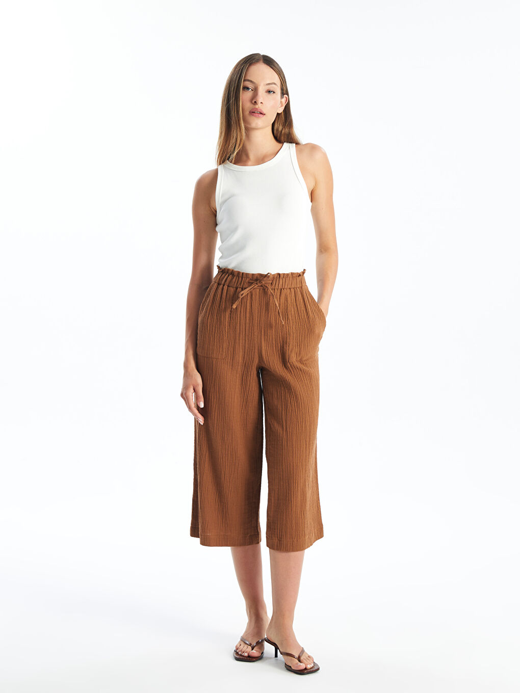 Plain Muslin Women's Capri with Elastic Waist -S4G170Z8-YA1
