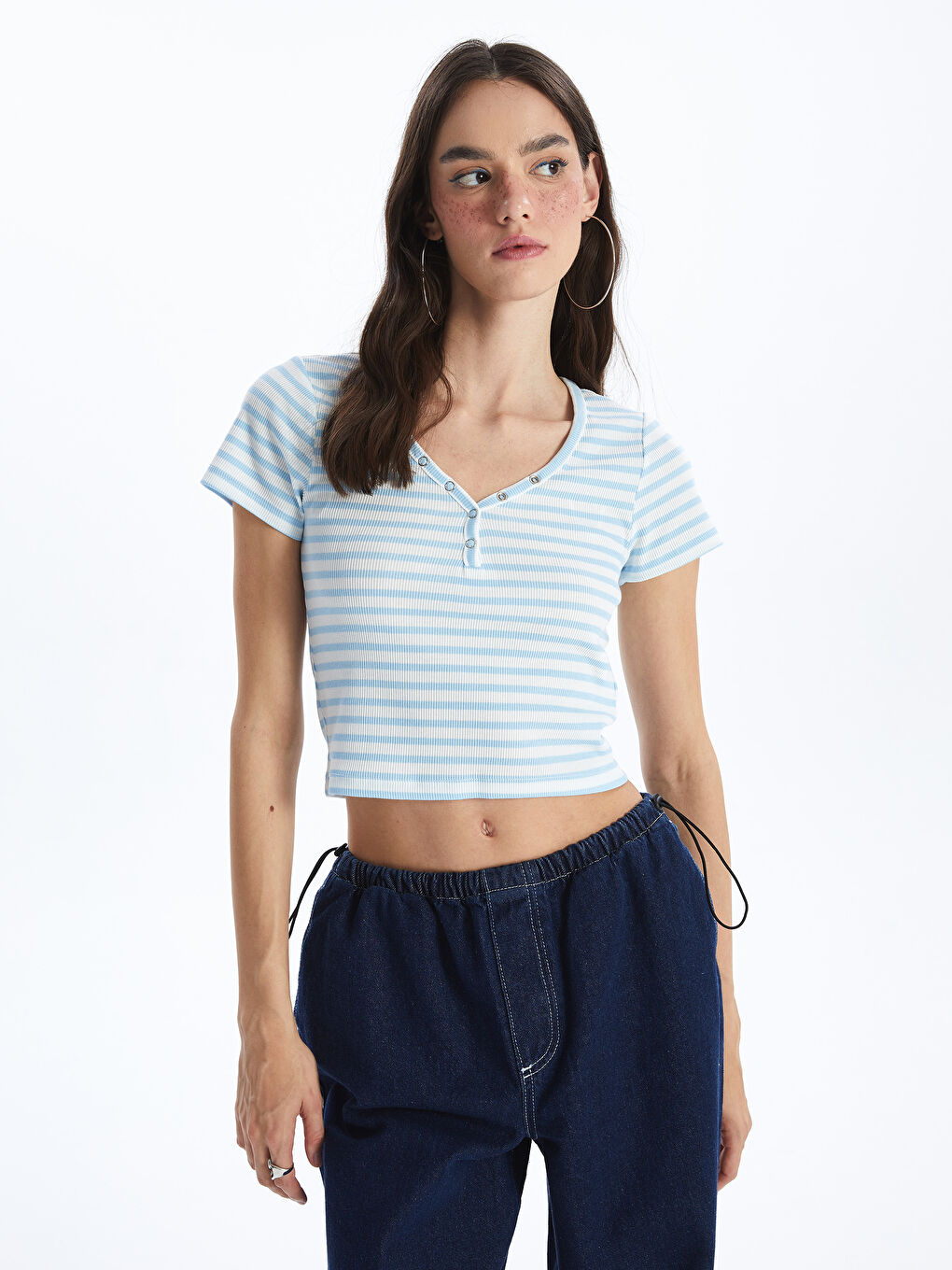 XSIDE V-Neck Striped Short Sleeve Women's Crop Top -S4GH45Z8