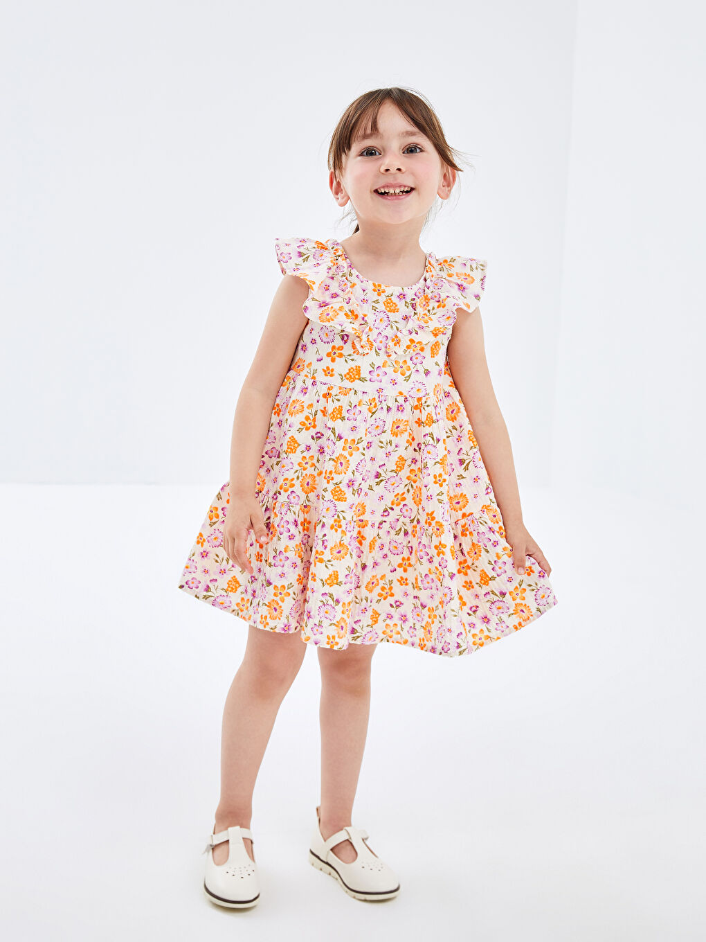 Square Neck Sleeveless Floral Patterned Baby Girl Dress