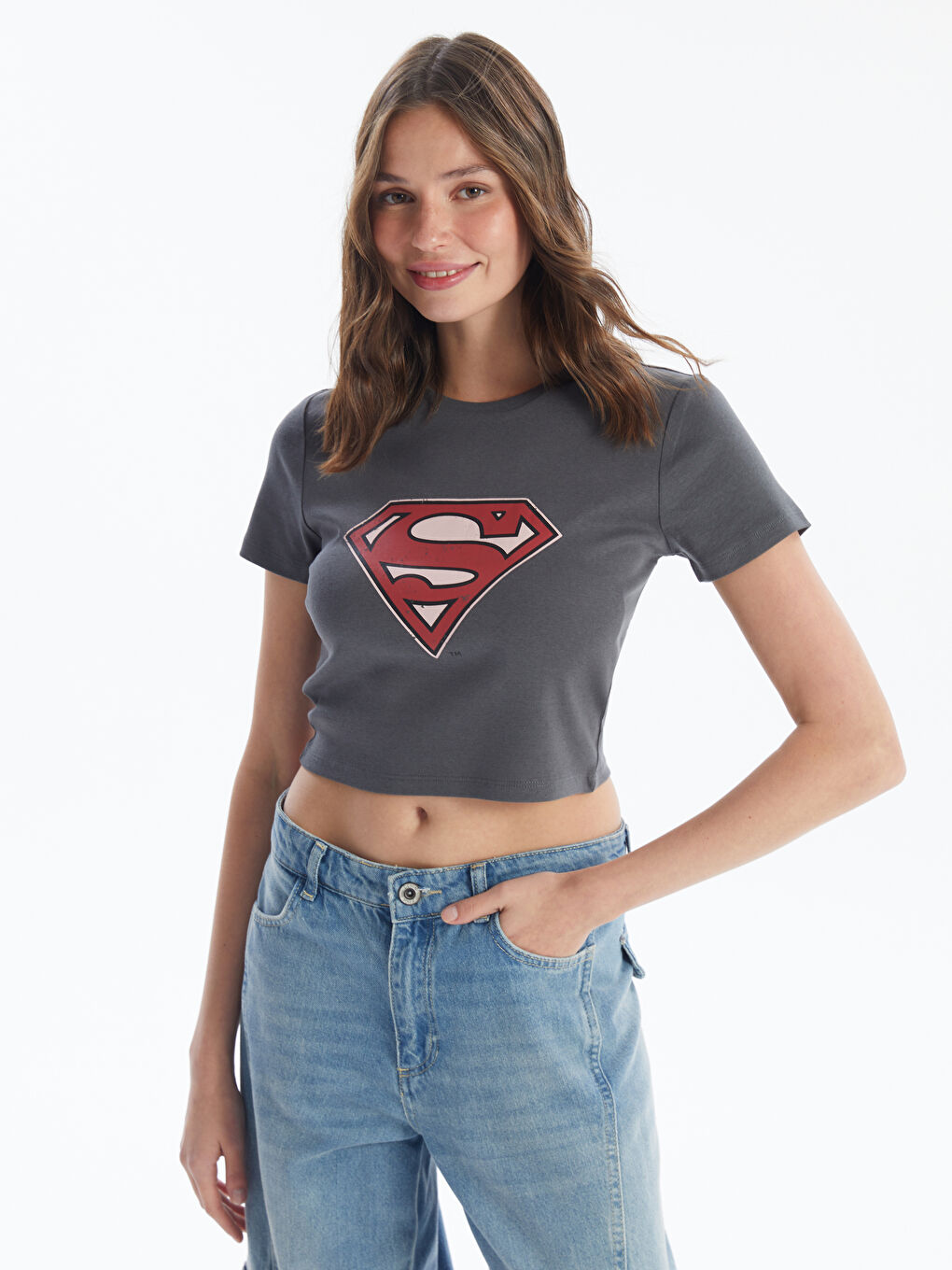 Crew Neck Superman Printed Short Sleeve Women s Crop Top S4HS86Z8 HGL S4HS86Z8 HGL LC Waikiki