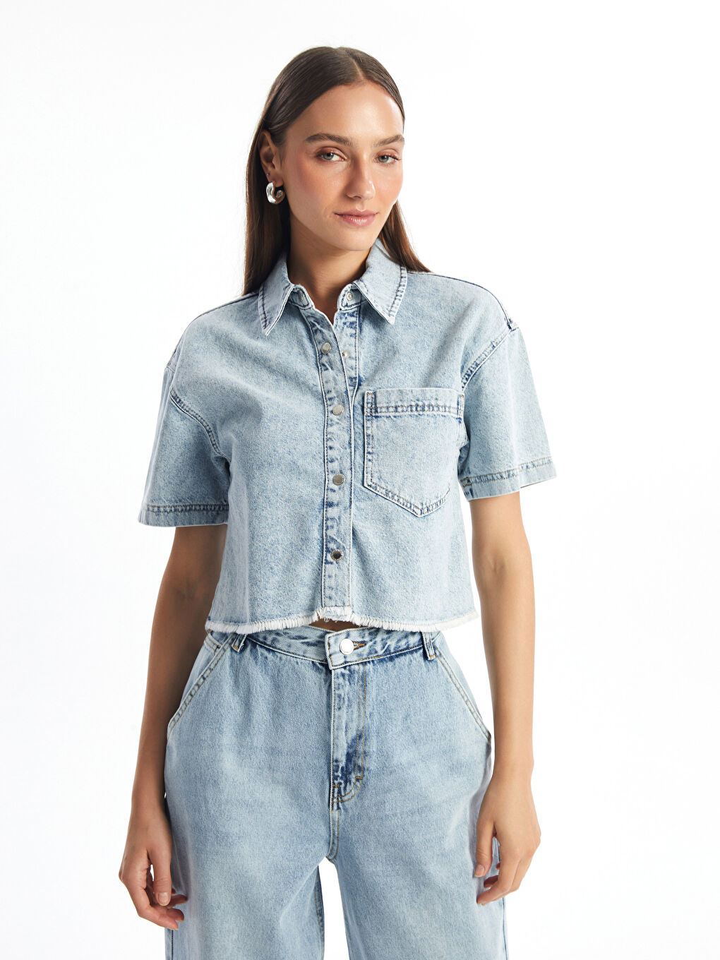 Plain Short Sleeve Crop Women's Jean Shirt -S4IB25Z8-311