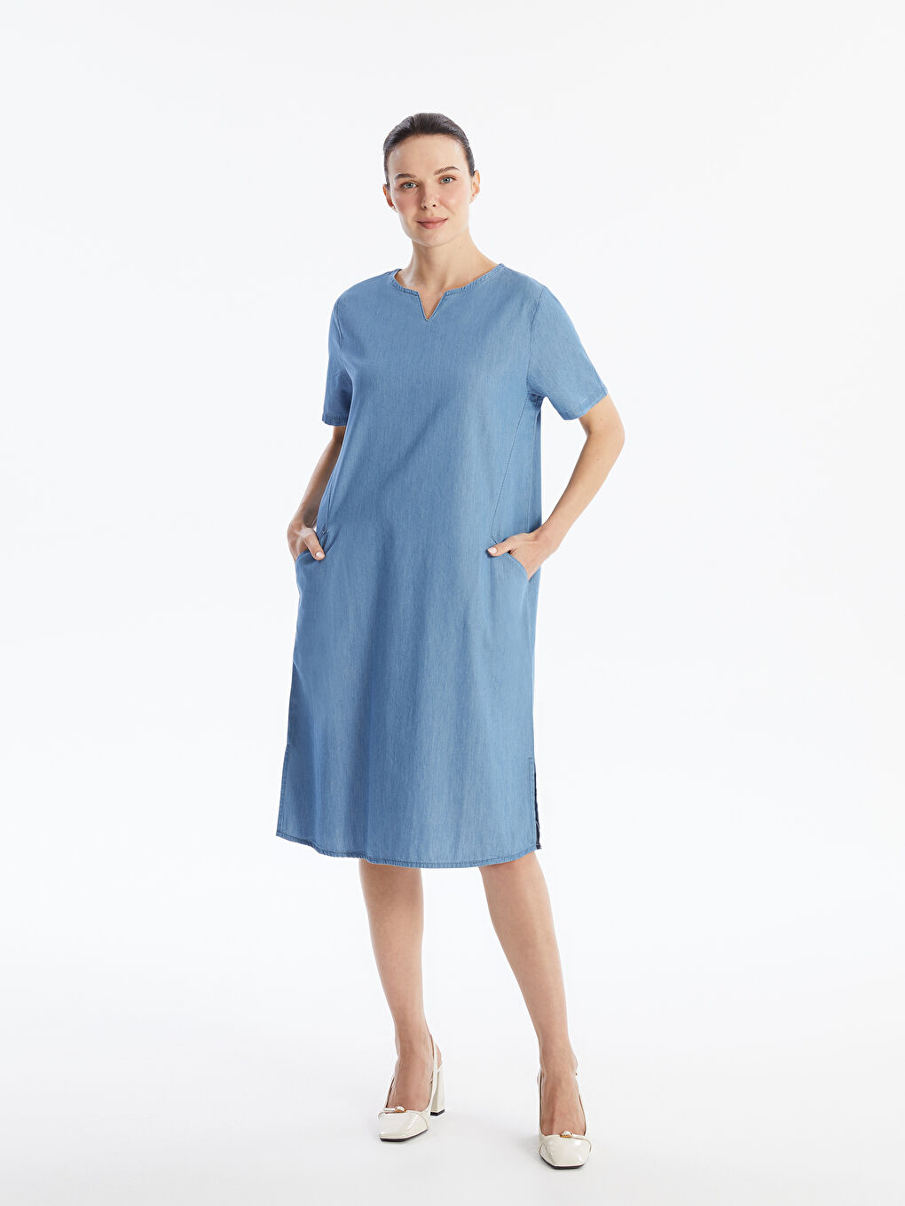 Henley Neckline Short Sleeve Women s Jean Dress S4J957Z8 563 S4J957Z8 563 LC Waikiki