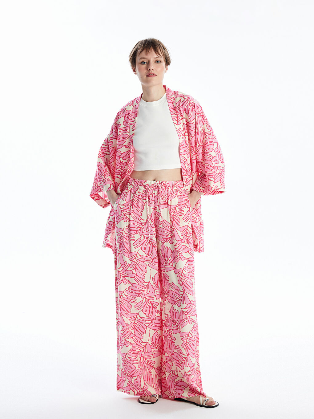 Pink floral wide leg trousers clearance