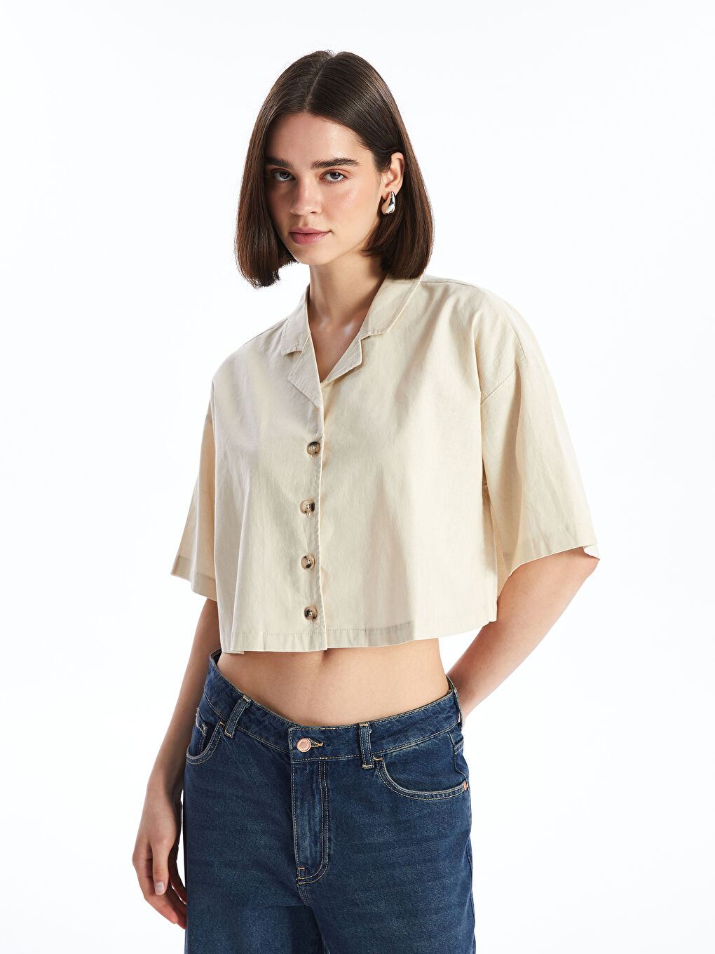 XSIDE Plain Short Sleeve Crop Linen Blend Women's Shirt