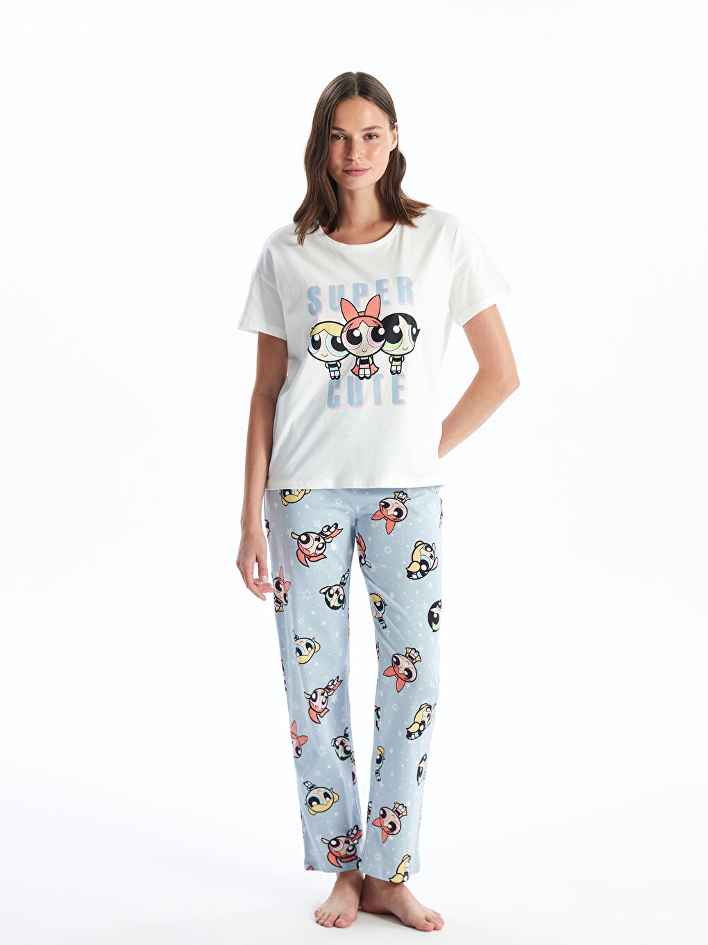 Crew Neck Powerpuff Girls Printed Short Sleeve Women s Pajama Set S4L197Z8 LQK S4L197Z8 LQK LC Waikiki