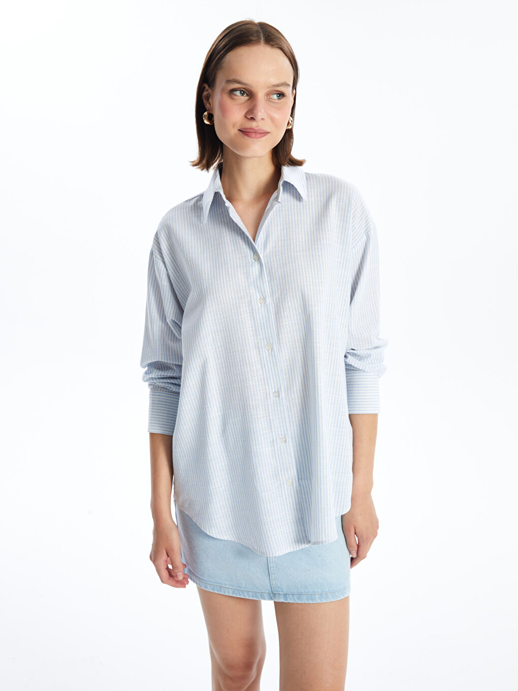 【U LAN】Kelly Unbalance Off Stripe Long Sleeve LC WAIKIKI Striped Long Sleeve Oversize Women's Shirt