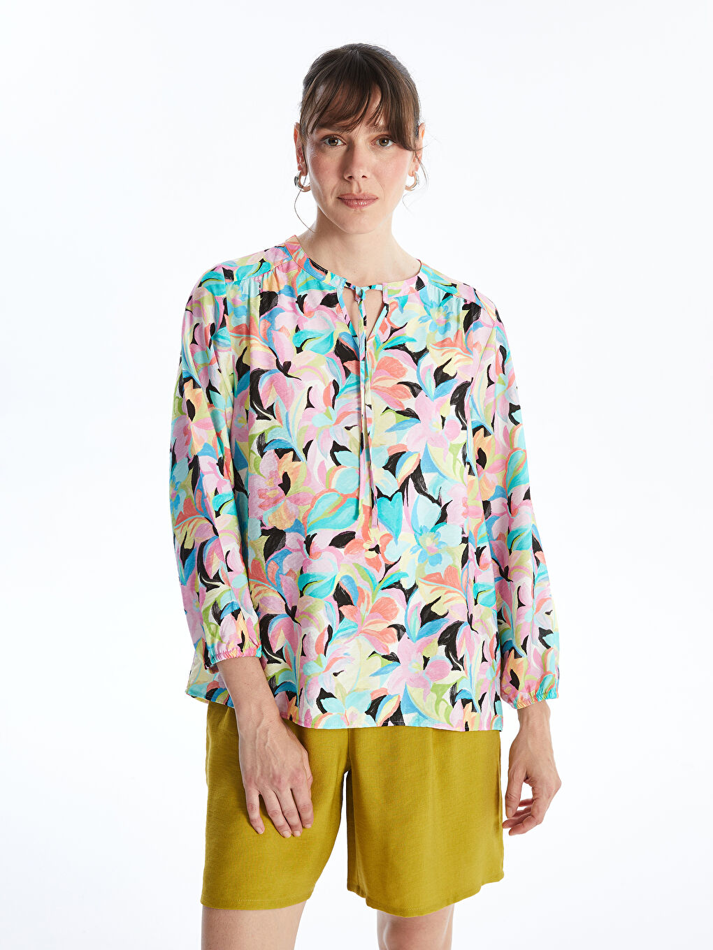 Tie-Up Collar Floral Long Sleeve Oversize Women's Blouse