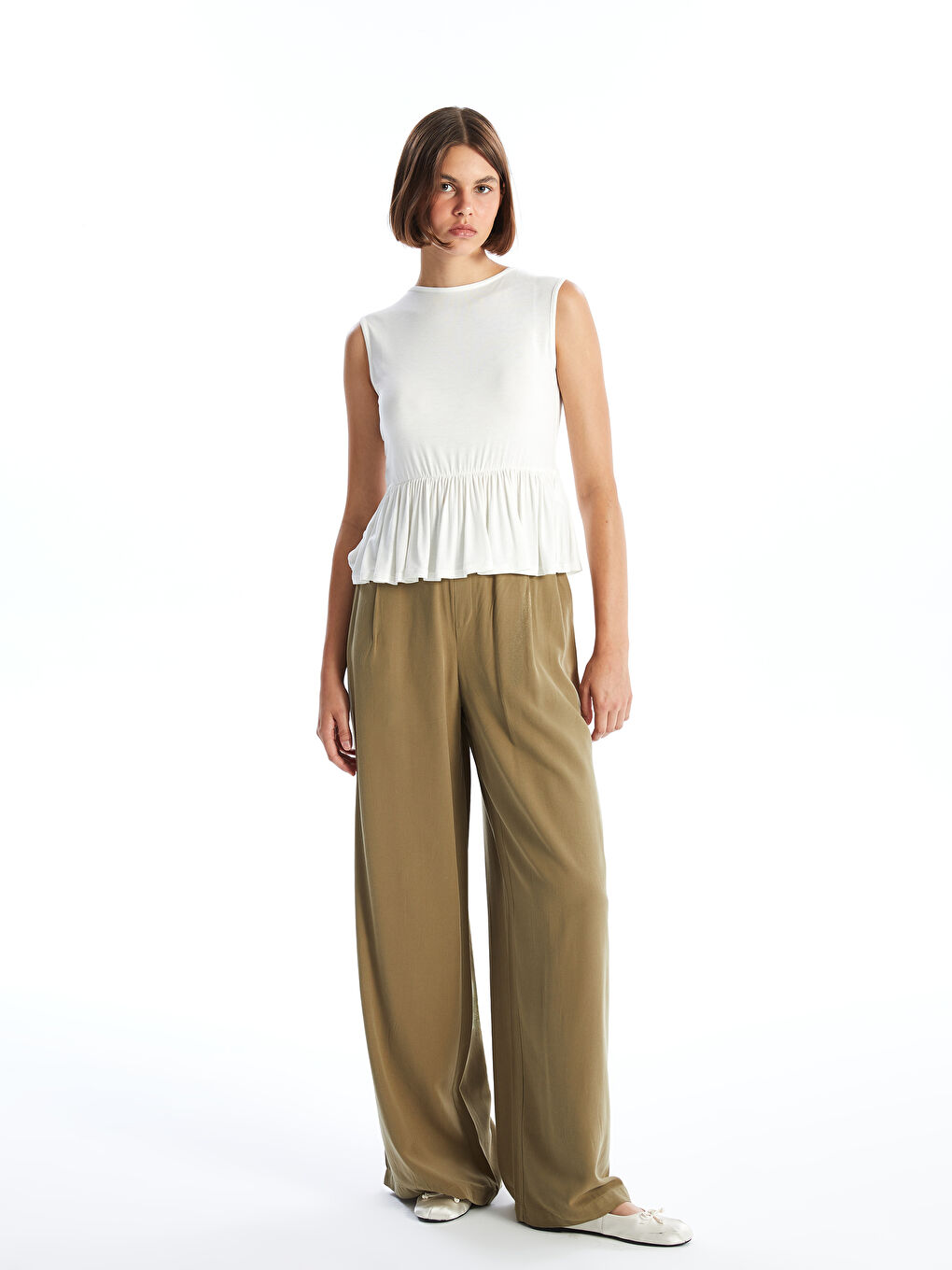 Elastic Waist Straight Linen Blend Women's Trousers