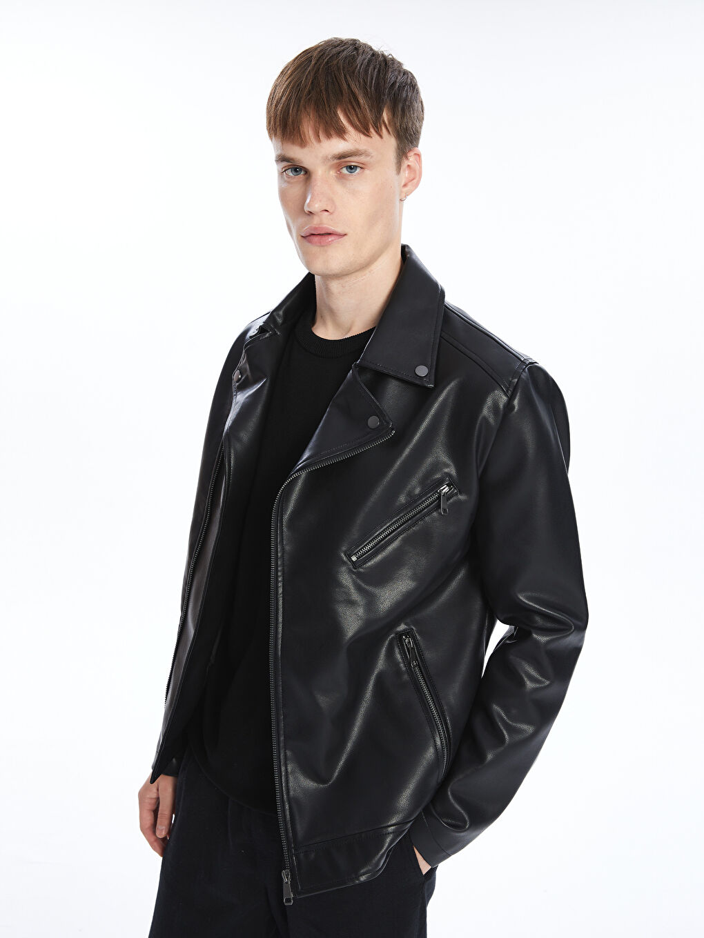 Mens leather look biker jacket top