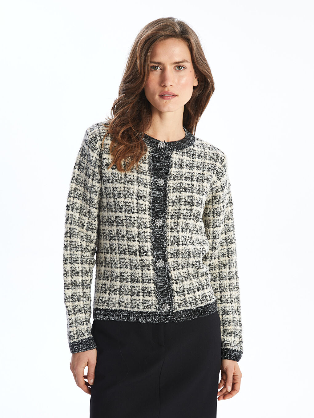 Crew Neck Plaid Long Sleeve Women s Knitwear Cardigan W40465Z8 CVL W40465Z8 CVL LC Waikiki