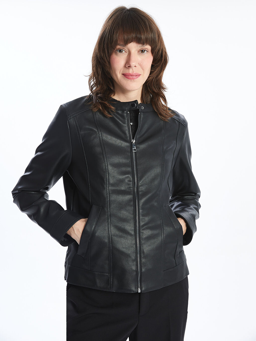 Lc Waikiki Black Button Up Leather Jacket LC WAIKIKI Crew Neck