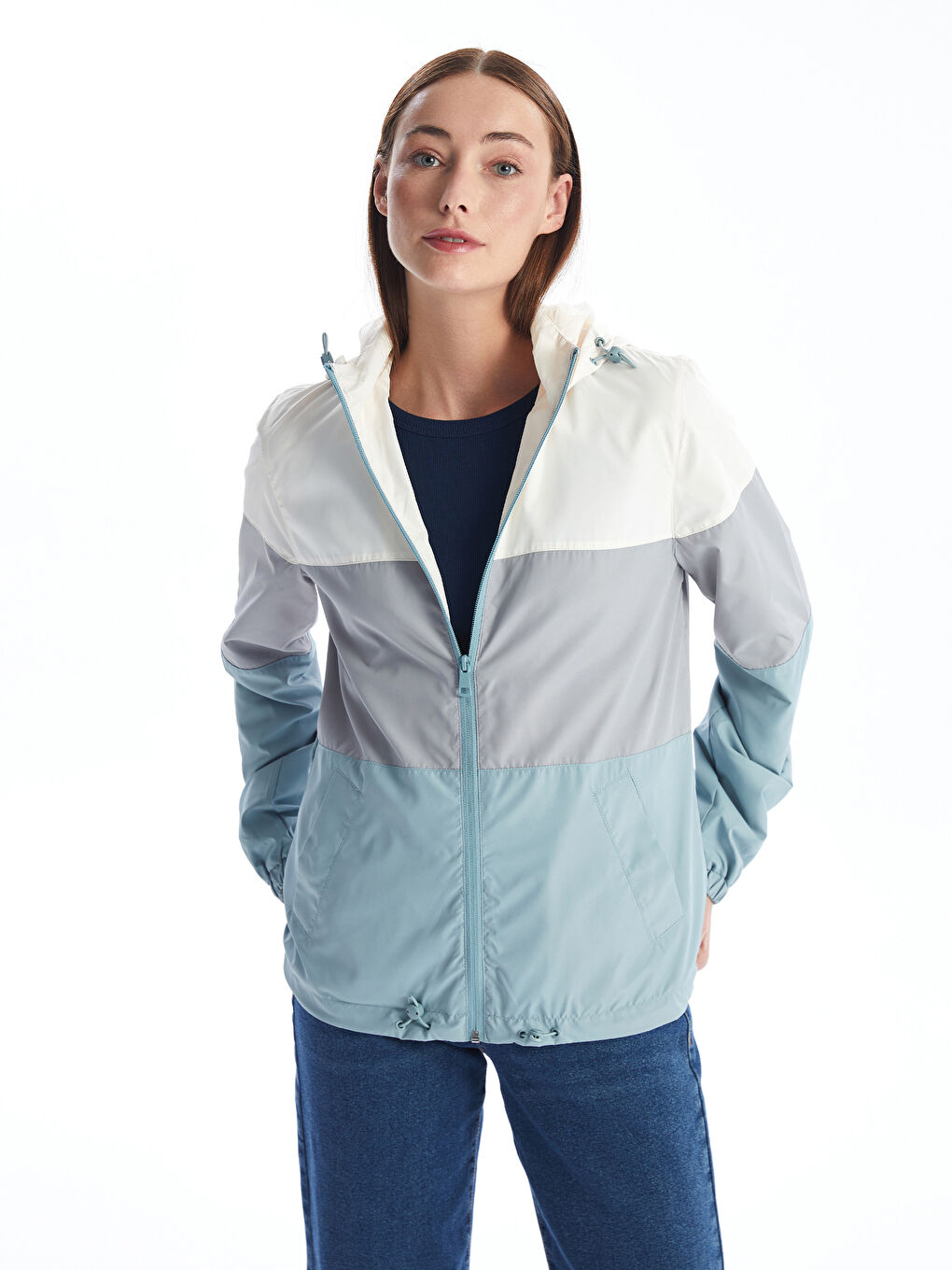 Hooded Color Block Long Sleeve Women s Raincoat W40832Z8 GCB W40832Z8 GCB LC Waikiki