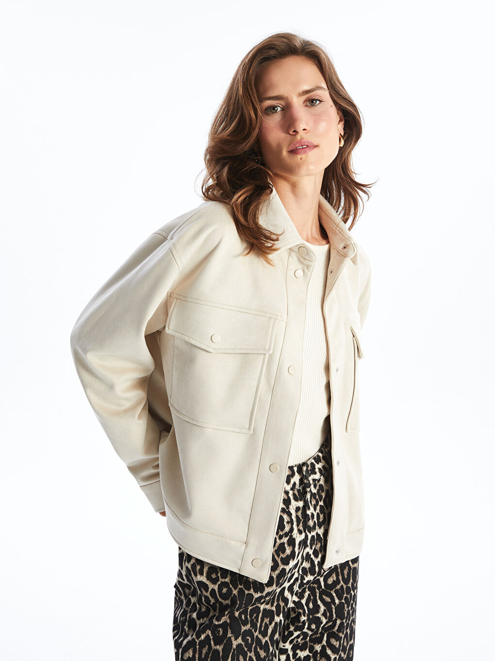 Plain Long Sleeve Suede Look Women's Shirt Jacket -W40849Z8