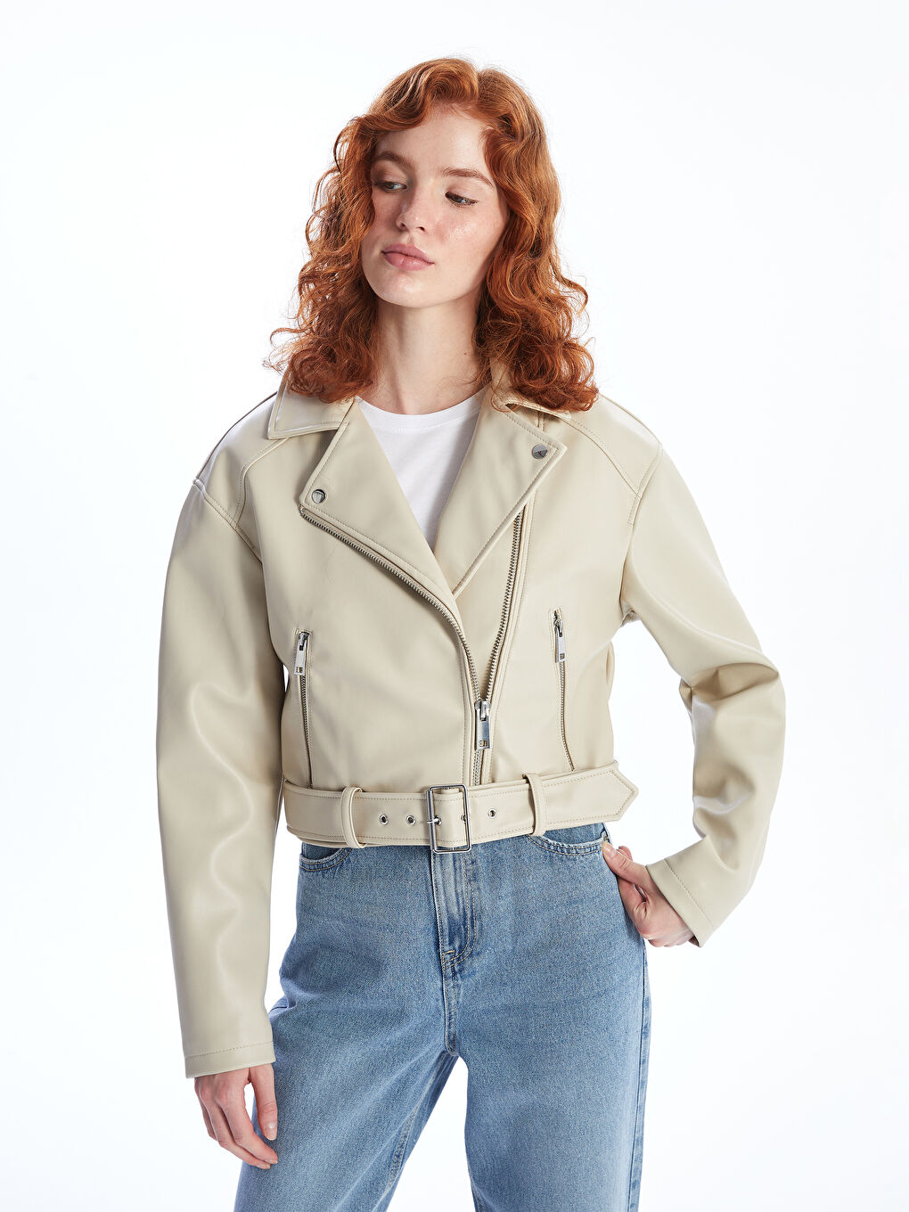 Faux leather jacket beige online
