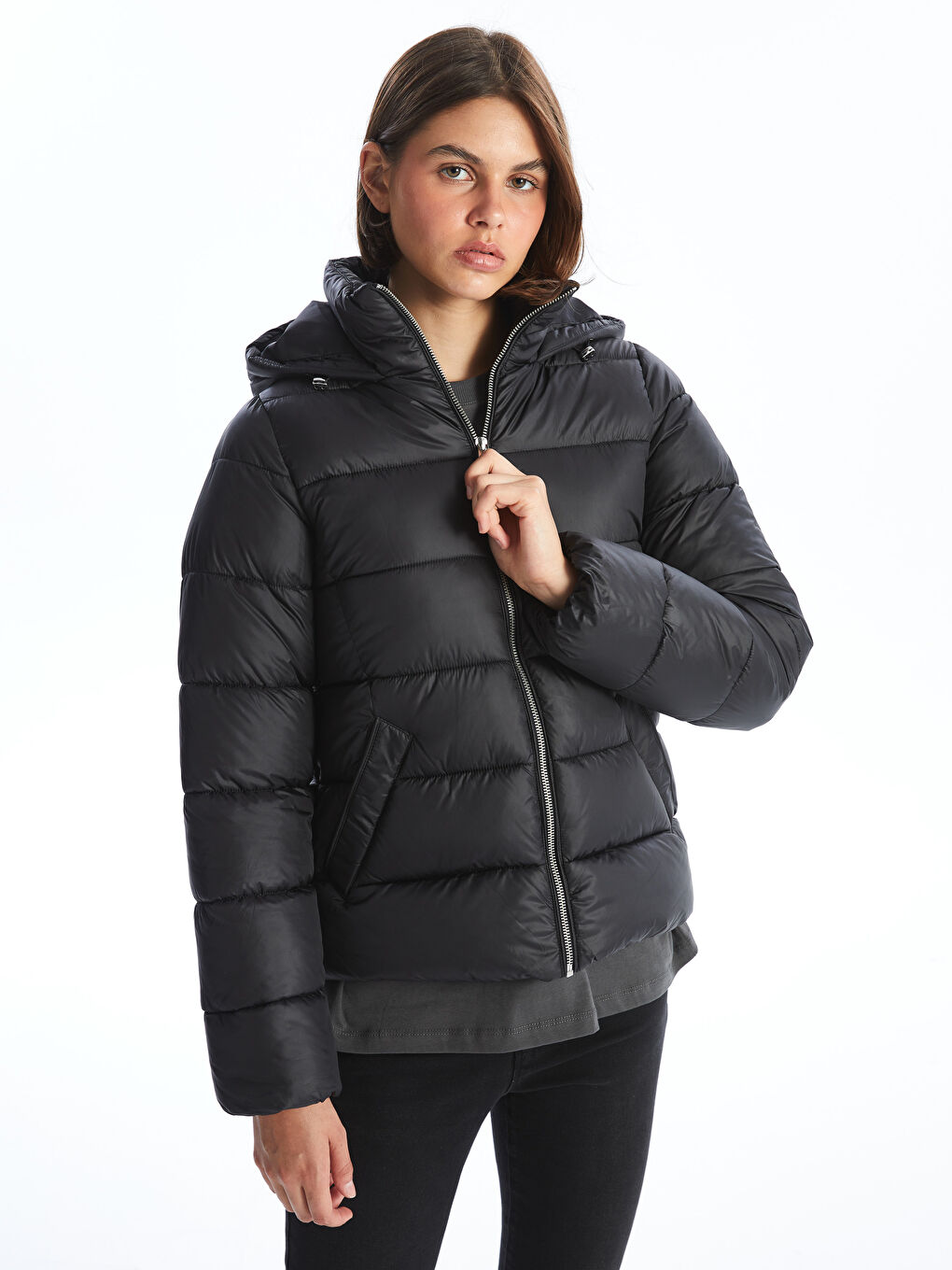 Ladies down jacket with hood on sale