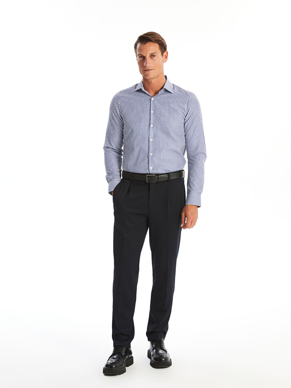 Slim Fit Long Sleeve Striped Poplin Men's Shirt -W41295Z8