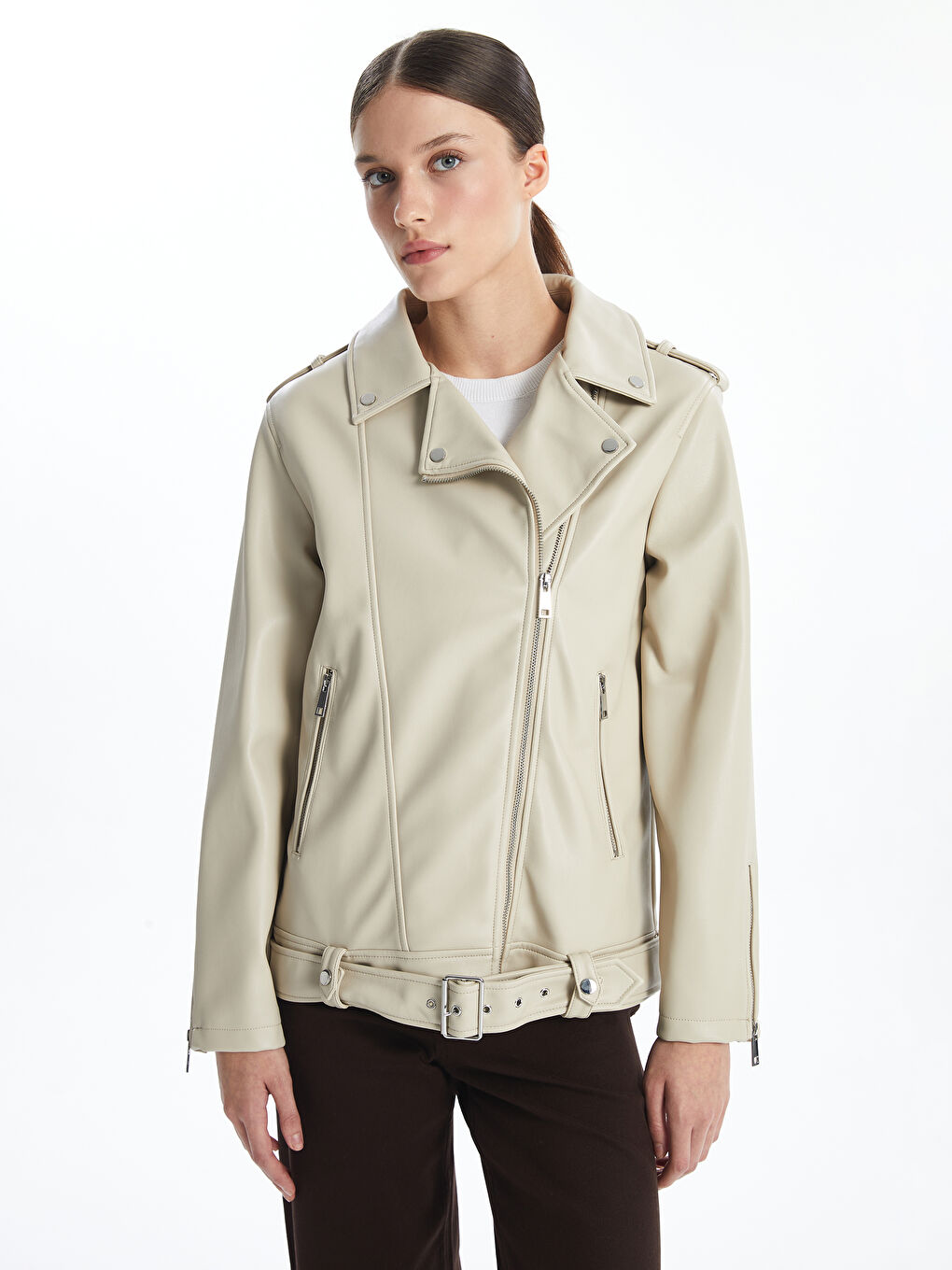 LC WAIKIKI Biker Neck Women's Faux Leather Jacket -W41576Z8