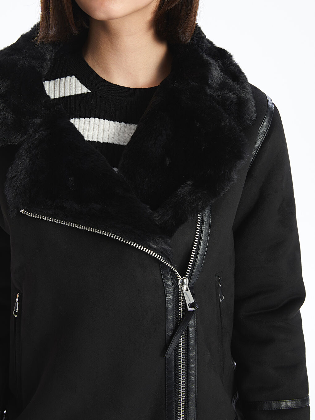 Women's Biker Collar Plain Leather Look Coat -W42898Z8-CVL