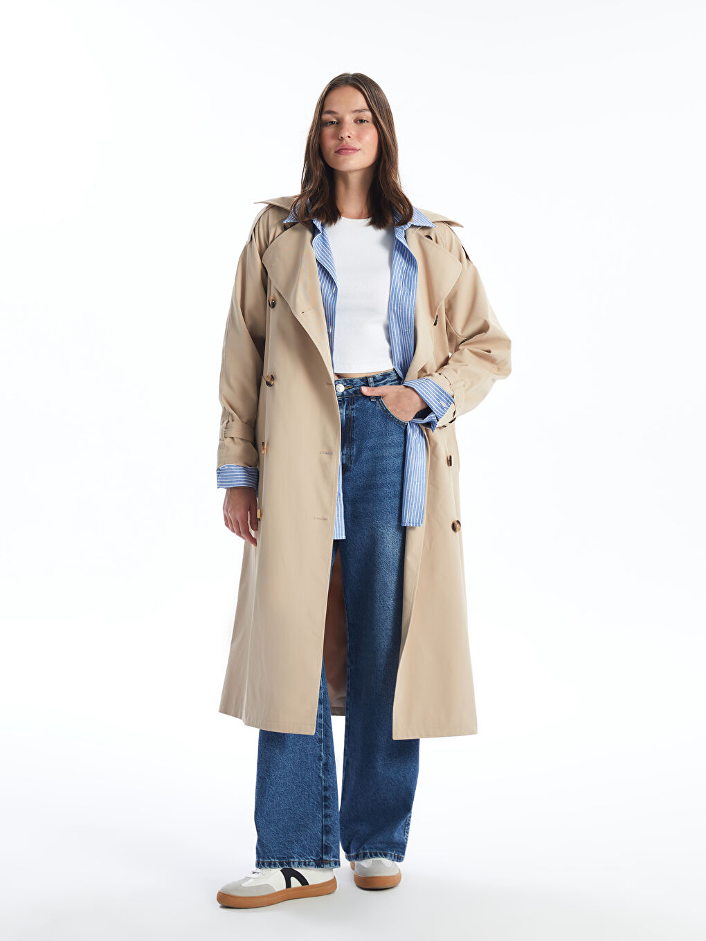 Jacket Collar Straight Long Sleeve Oversize Women's Trench Coat  -W43007Z8-YCB - W43007Z8-YCB - LC Waikiki